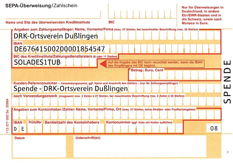 Spenden-Überweisungsformular des DRK Dußlingen