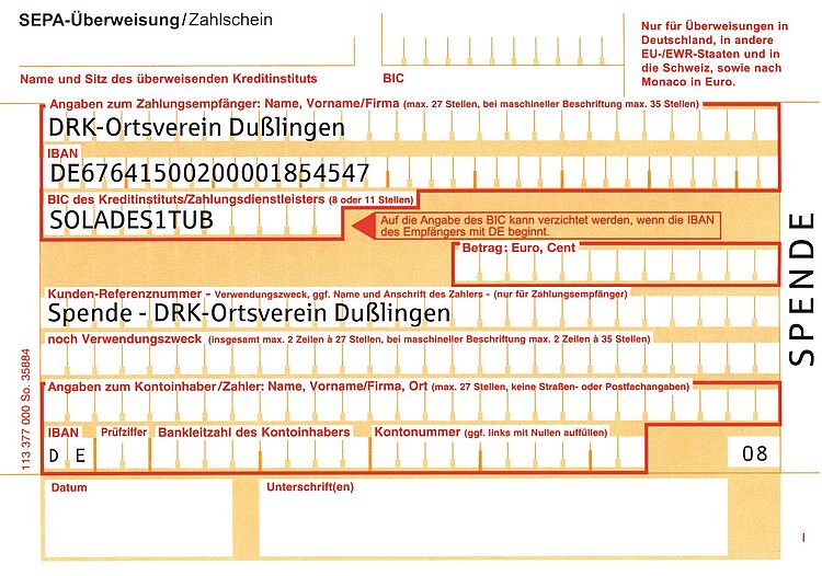 Spenden-Überweisungsformular des DRK Dußlingen