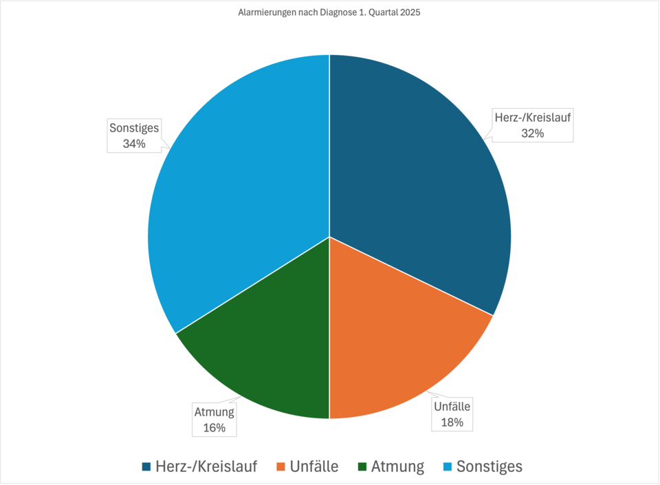 Kreisdiagramm Alarmierungen, 32% Herz-/Kreislauf, 18% Unfälle, 16% Atmung, 34% Sonstiges