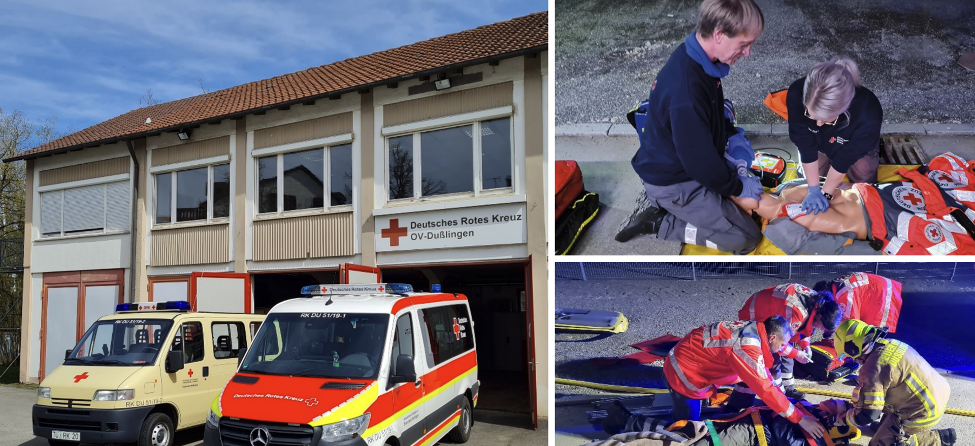 Die DRK-Fahrzeuge vor der Fahrzeughalle, neben Fotos einer Reanimationsübung und einer Übung mit der Feuerwehr